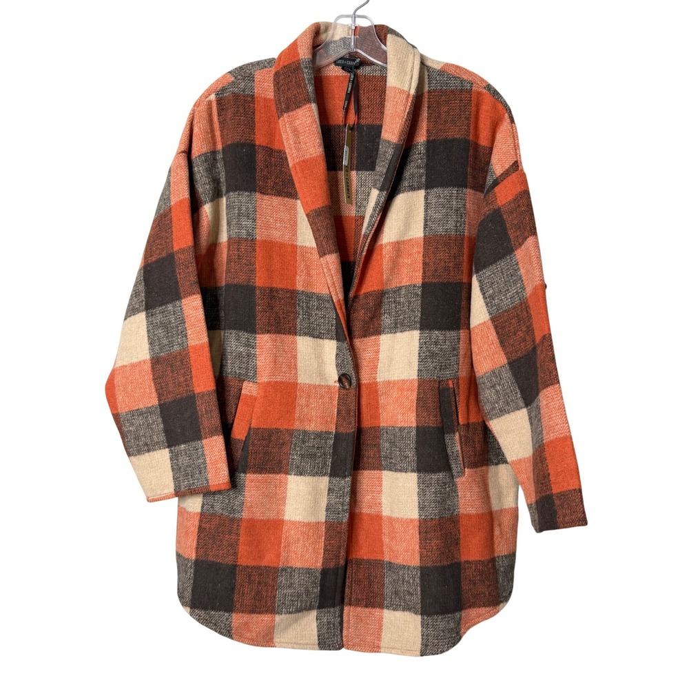 Coco + Carmen Plaid Coatigan Women L/XL Orange Black Buffalo Check Shawl Collar